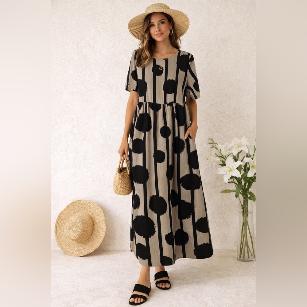 Boutique Maxi Dress| Tan & Black Polka Dot Stripe | Flowy Modest Boho Dress SZ L